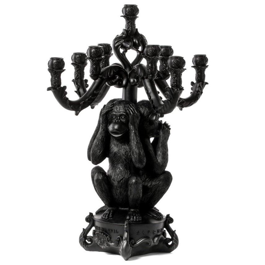 Giant Burlesque "The No Evil" 3 Monkeys Chandelier Candle Holder Black by Seletti