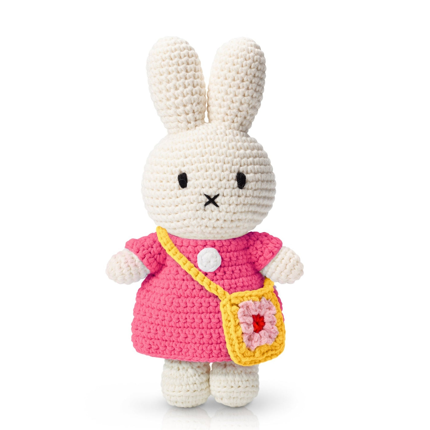 Crocheted Miffy in Pink Dress with Yellow Flower Bag