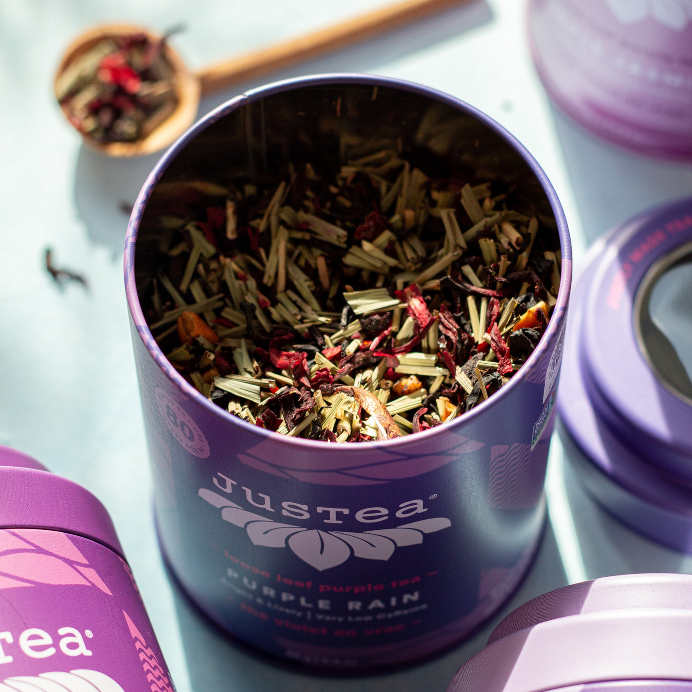 Organic Purple Rain Tea in Tin with Spoon