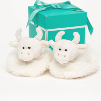 Cream Highland Cow Plush & Baby Slippers Set