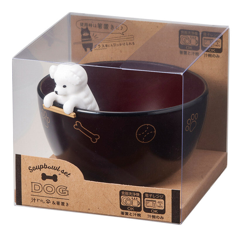 Dog Soup Bowl & Chopstick Rest Set - Shiruwan White Poodle