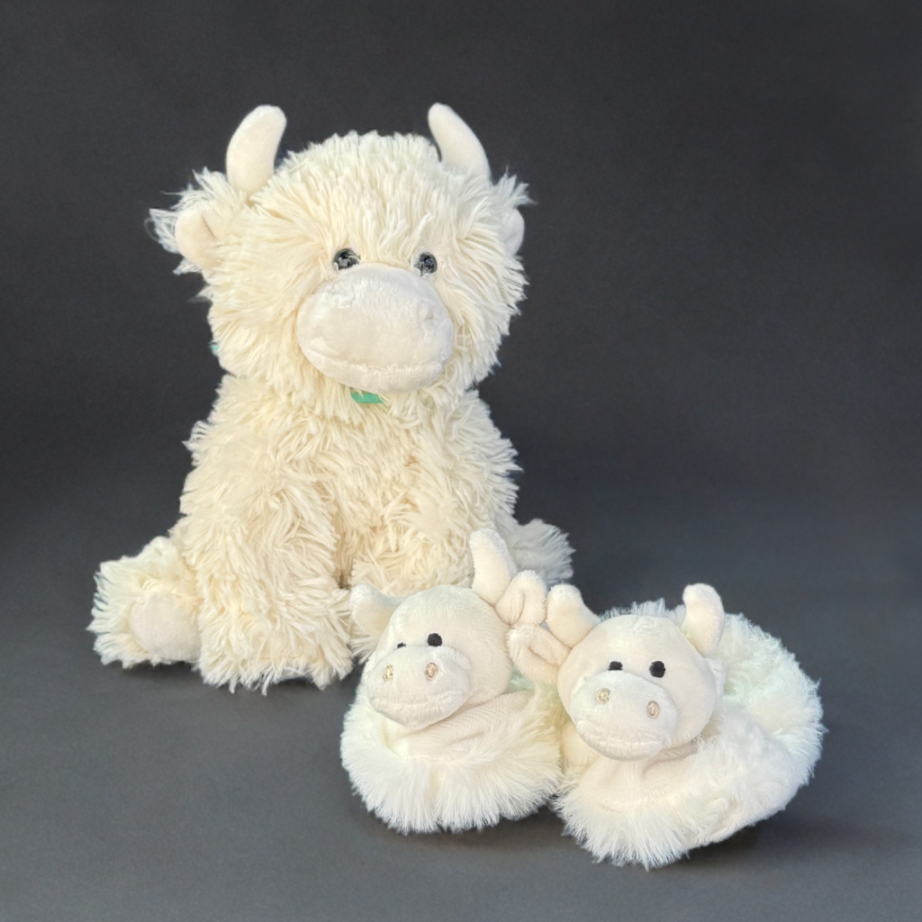 Cream Highland Cow Plush & Baby Slippers Set