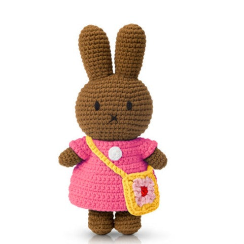 Crocheted Melanie in Pink Dress with Yellow Flower Bag