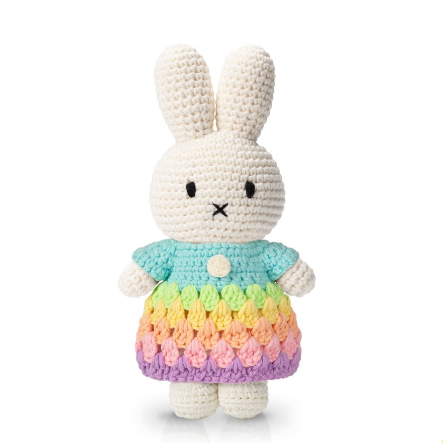 Crocheted Miffy with Rainbow Dress Pastel Blue