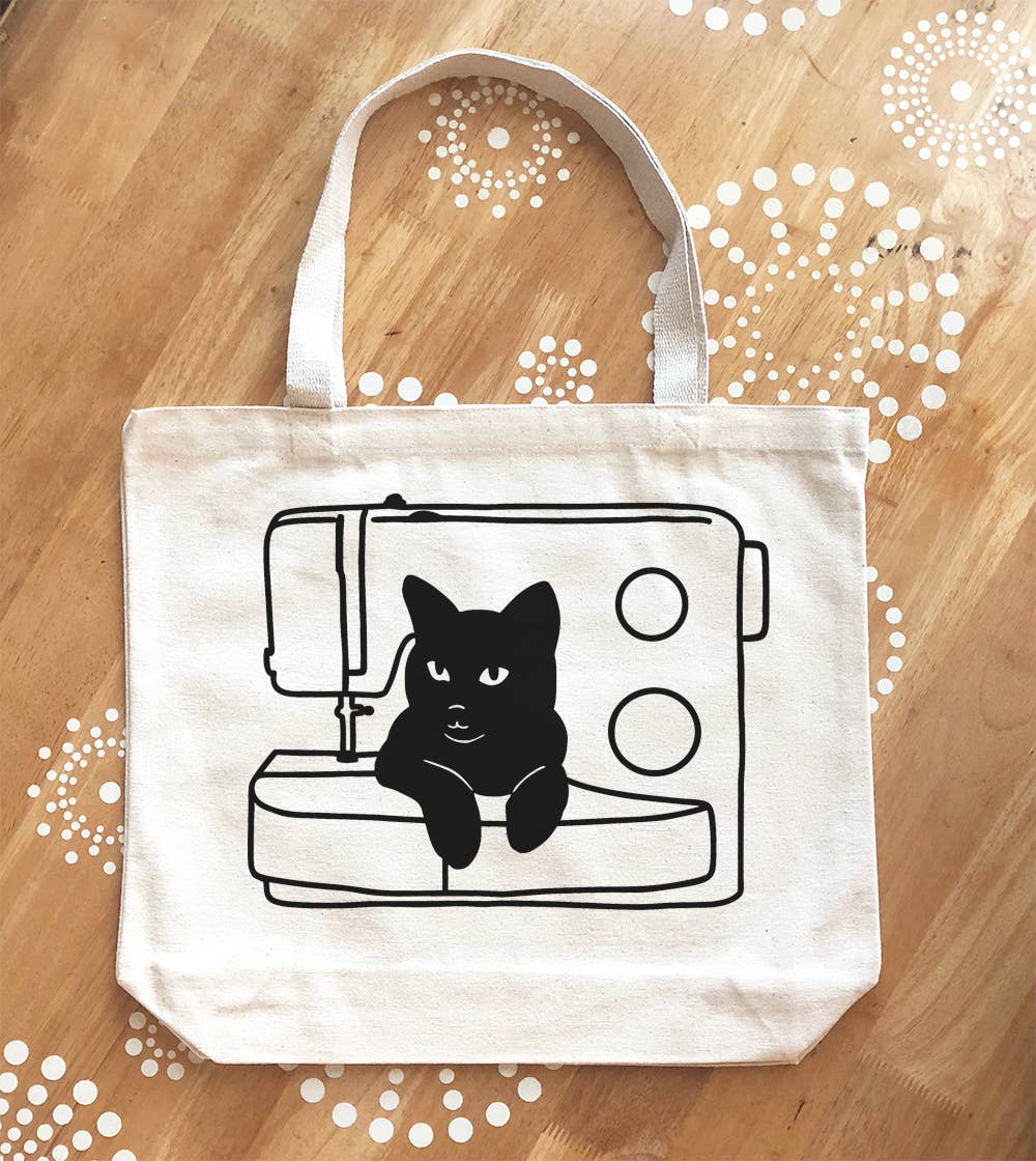 Black Cat Sewing Machine Tote Bag